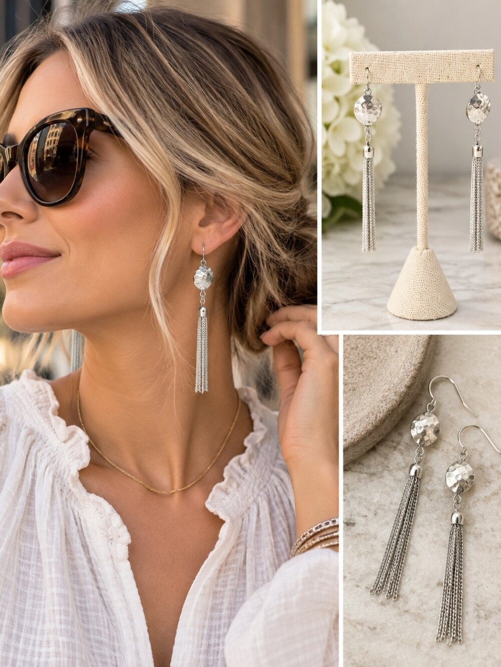 Silver Hammered Metal Chain Tassel Fringe Dangle Earrings
